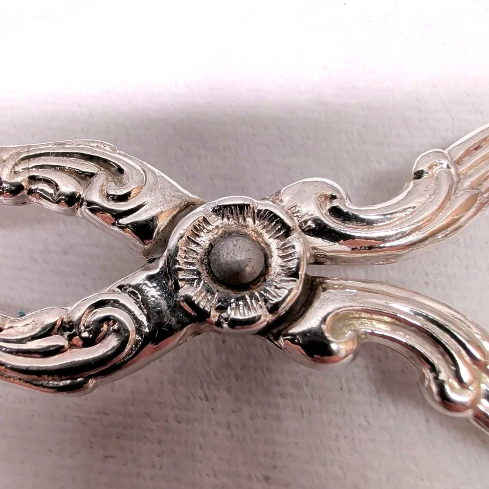 Vintage Italian Silver Plated Scissor Serving Tongs Floral Ornate MCM 8 inch